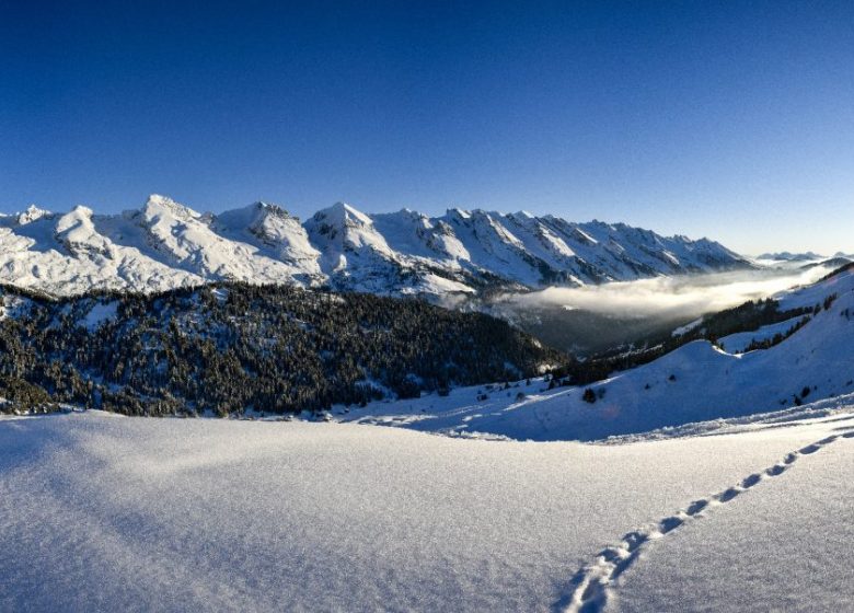 Le Grand-Bornand : domaine kiable alpin avec vue panoramique sur la chaîne des Aravis